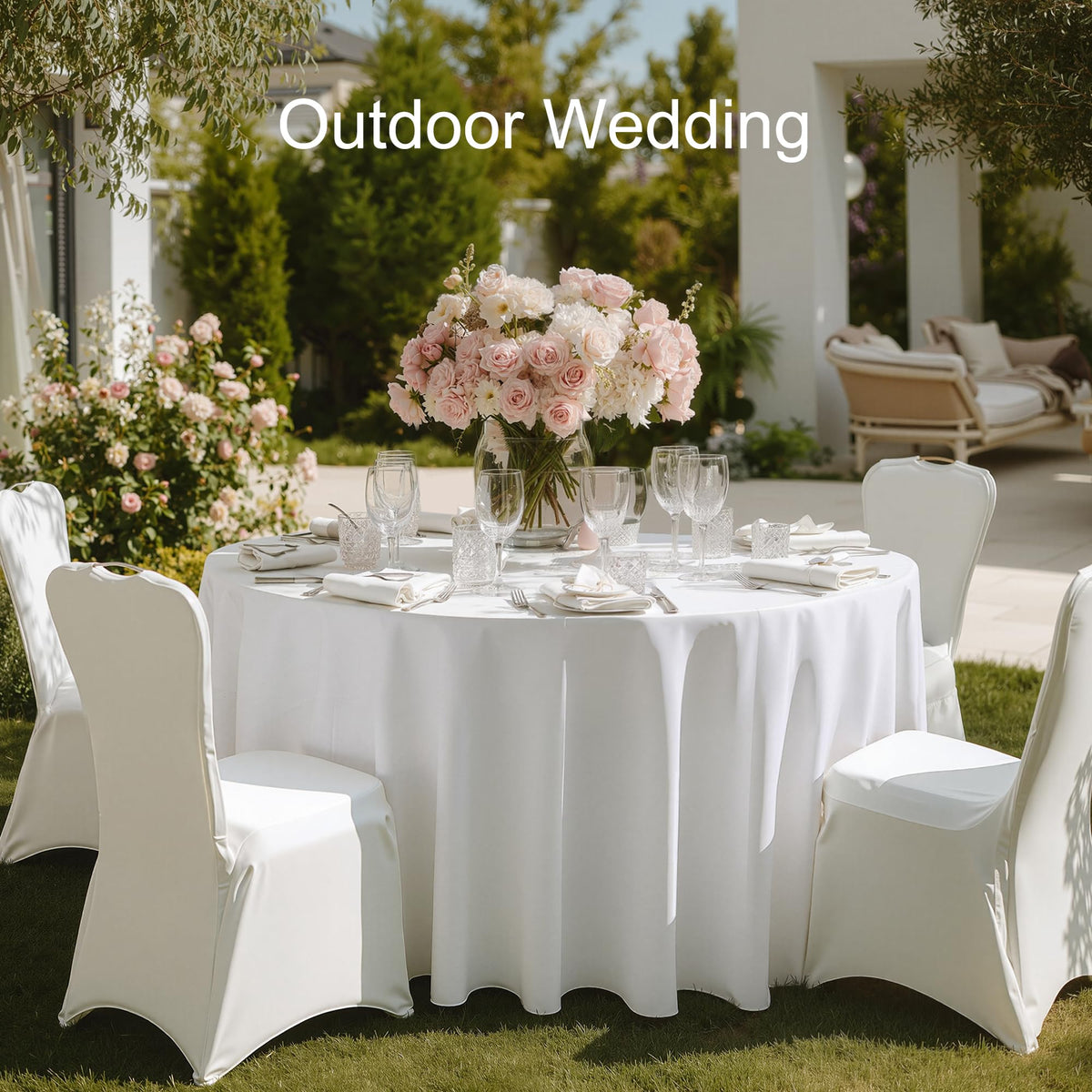 joybest indoor-outdoor tablecloth suitable for indoor weddings and outdoor gatherings.