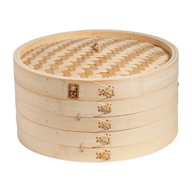 Joyce Chen 2-tier bamboo steamer with dumplings steaming for plump results