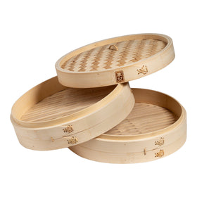 Joyce Chen two-tier steamer stacked for multiple dishes