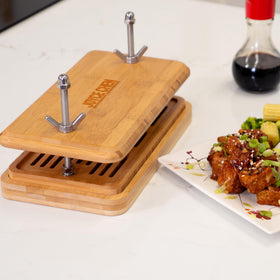 Joyce Chen Bamboo Tofu Press featuring adjustable dual tension screws for precise firmness.