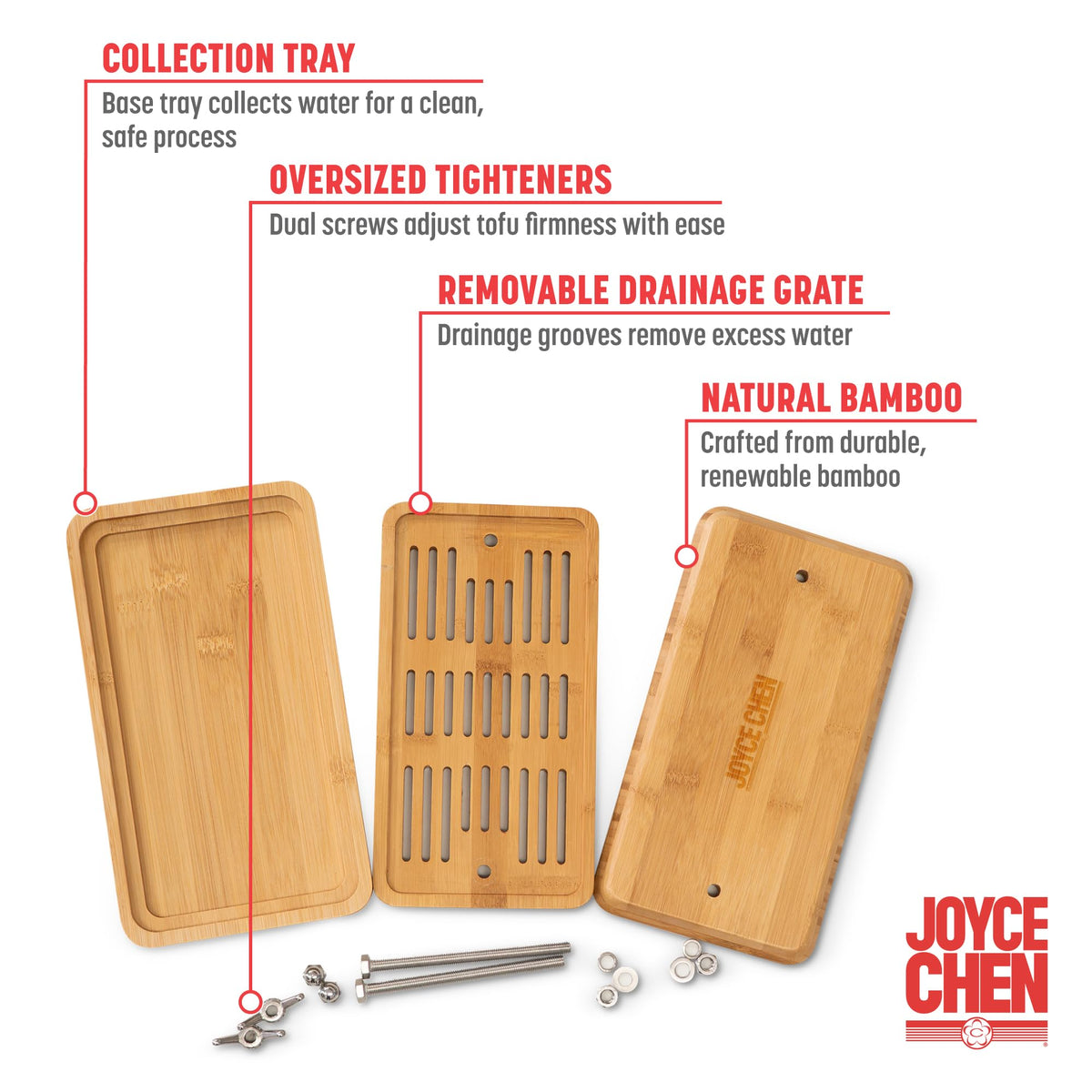 Joyce Chen Bamboo Tofu Press with durable stainless steel hardware for smooth operation.