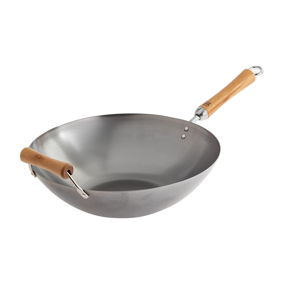 Joyce Chen Classic Series carbon steel wok with birch handles, top view, ideal for fast stir-frying.