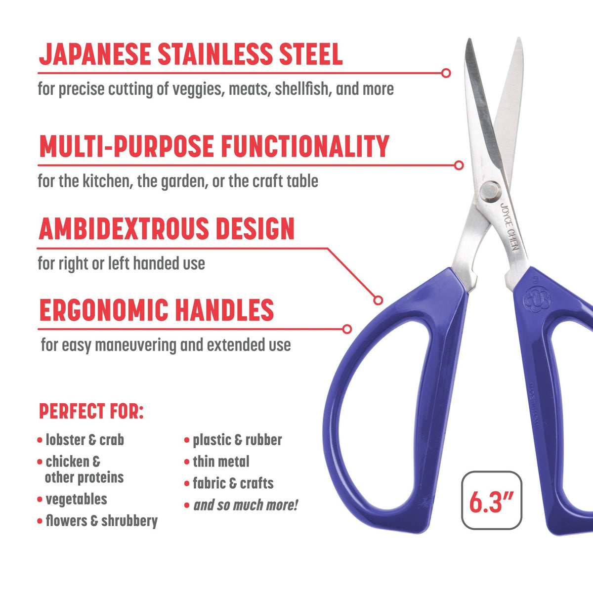 Joyce Chen Original Unlimited Scissors blue handle in hand for comfort.