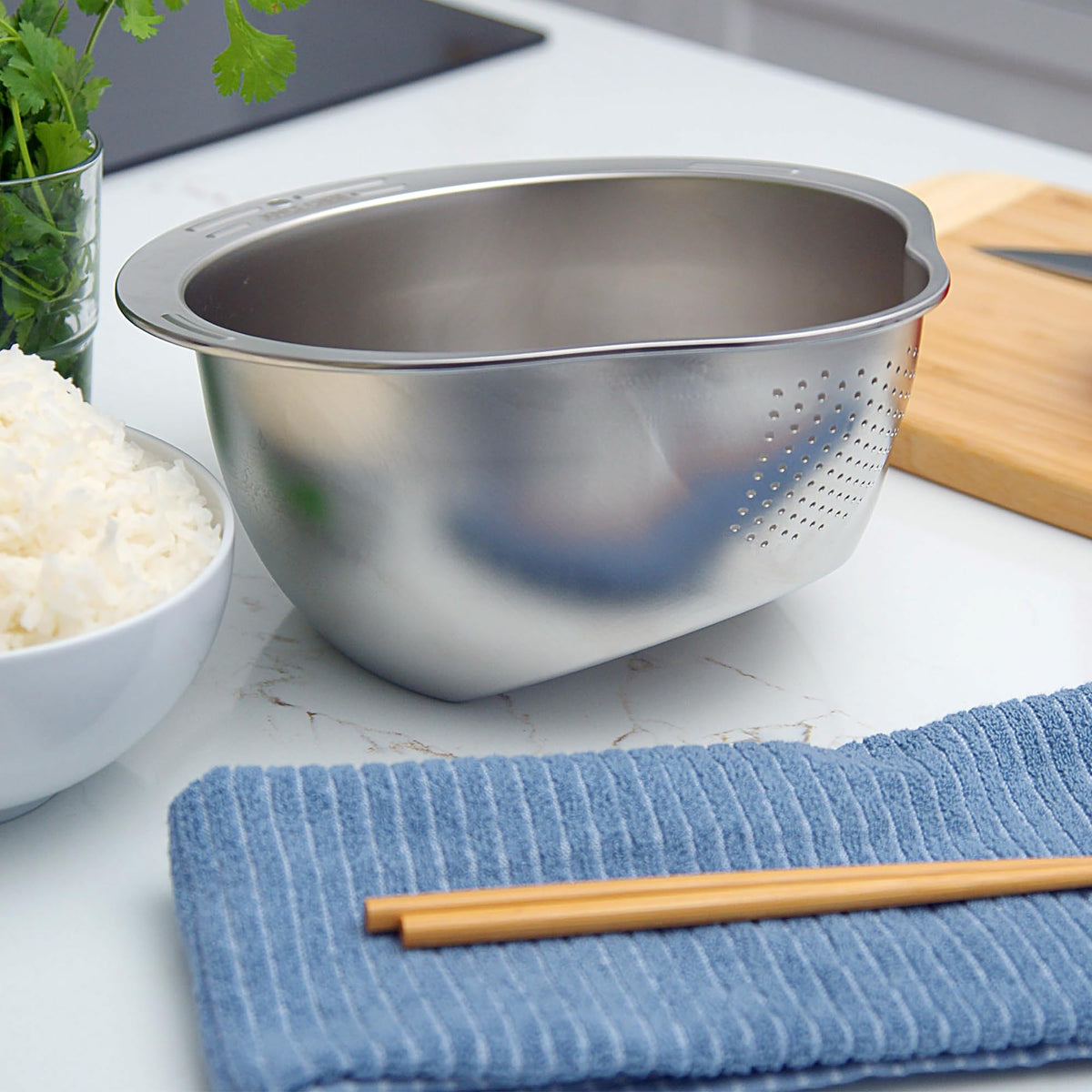 Joyce Chen rust-resistant stainless steel bowl emphasizes durability and long-lasting kitchen performance.