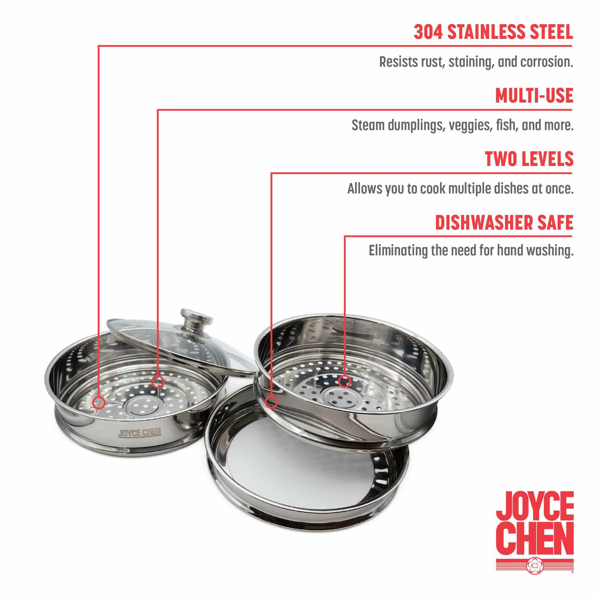 Joyce Chen steamer with glass lid shows cooking progress without lifting.