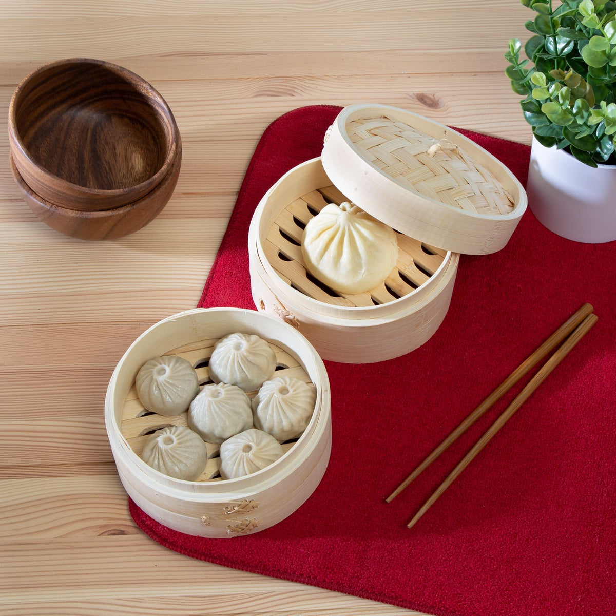 Joyce Chen steamer setup in a shallow pan of water, simple to use.