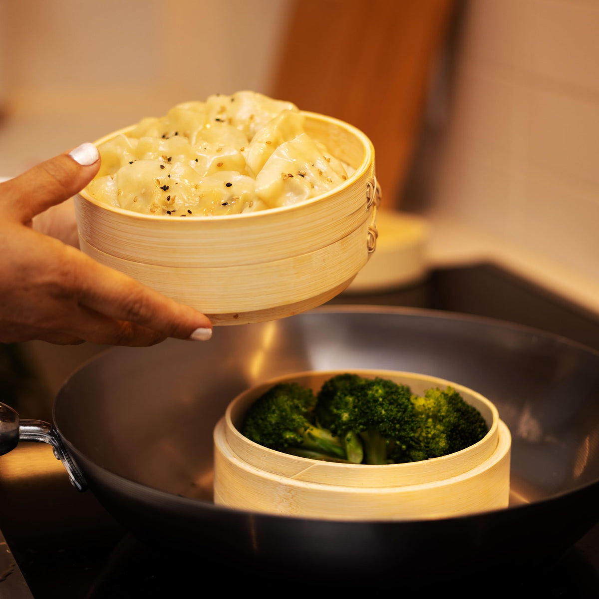 Joyce Chen two-tier design allows cooking multiple dishes at once.