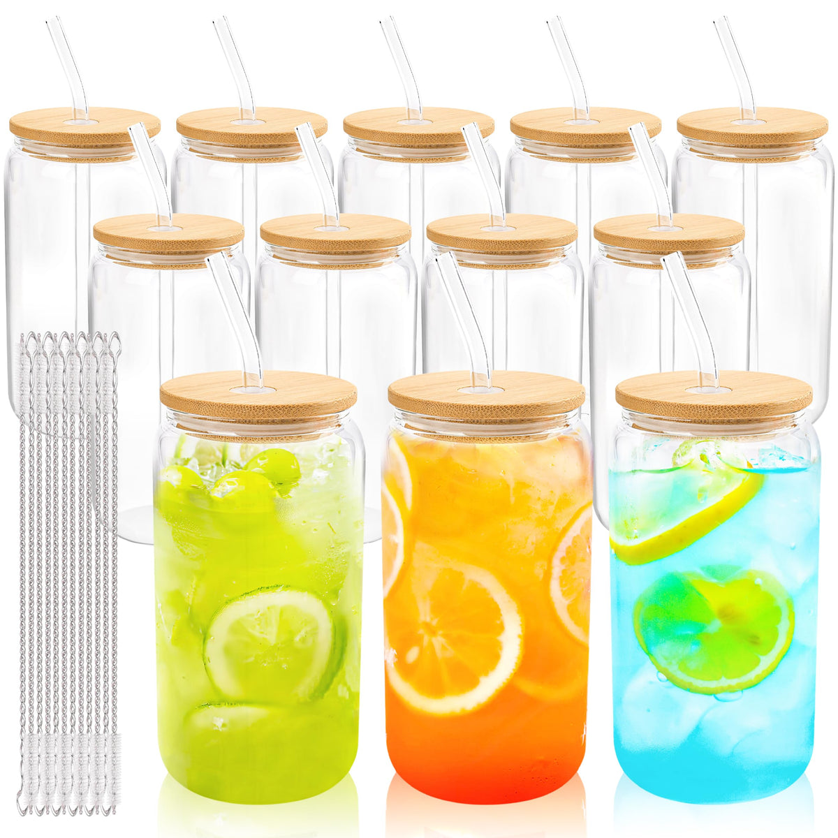 Joyclub 12-set glass cups with bamboo lids for everyday drinks.