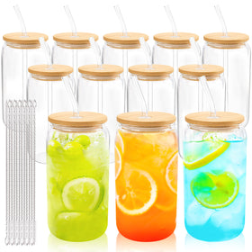 Joyclub 12-set glass cups with bamboo lids for everyday drinks.