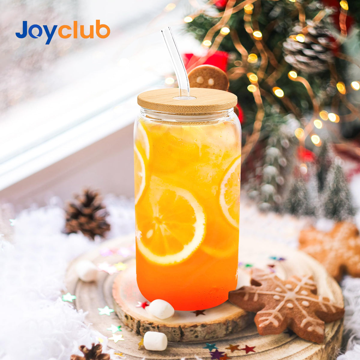 Joyclub cups with glass straws highlight clear glass and drink presentation.