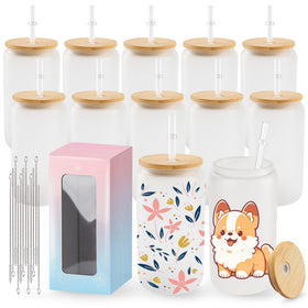 Joyclub 12-pack frosted glass cups ready for full-wrap sublimation designs, ideal for customized gifts.