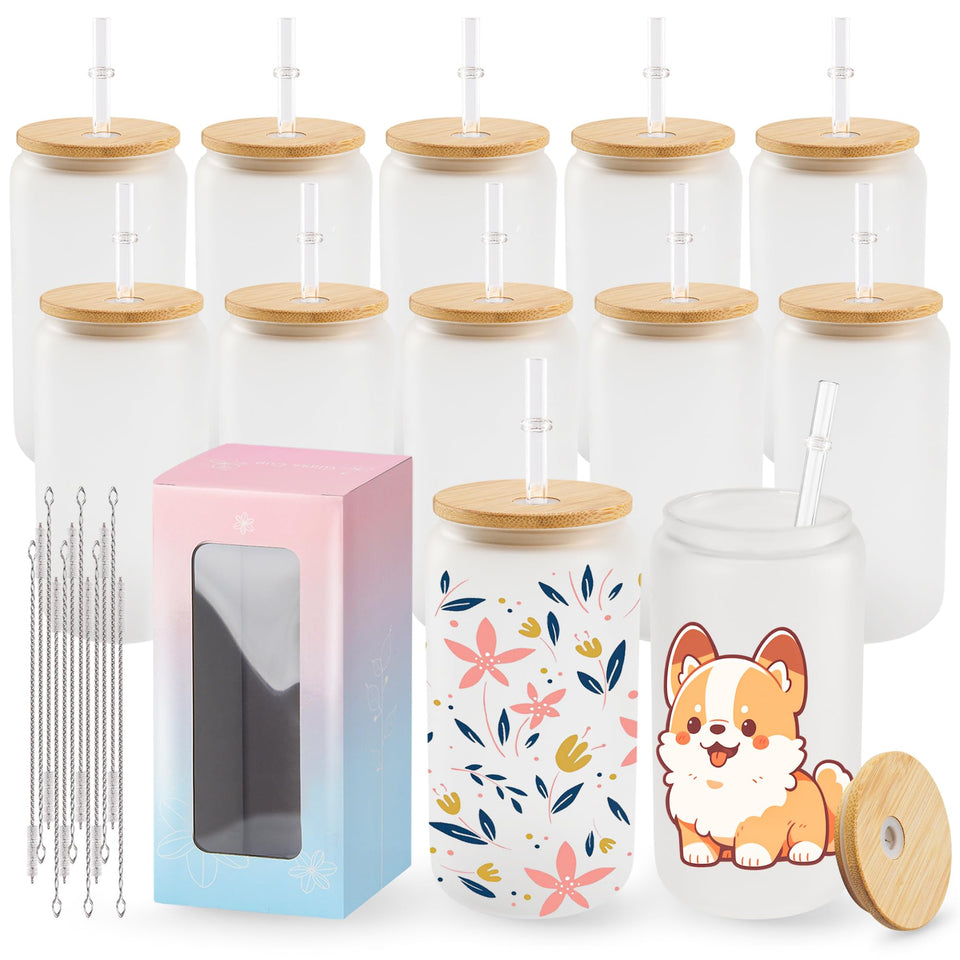 Joyclub 12-pack frosted glass cups ready for full-wrap sublimation designs, ideal for customized gifts.