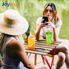 Joyclub 16oz can-shaped glass perfect for layered lattes and cold drinks.