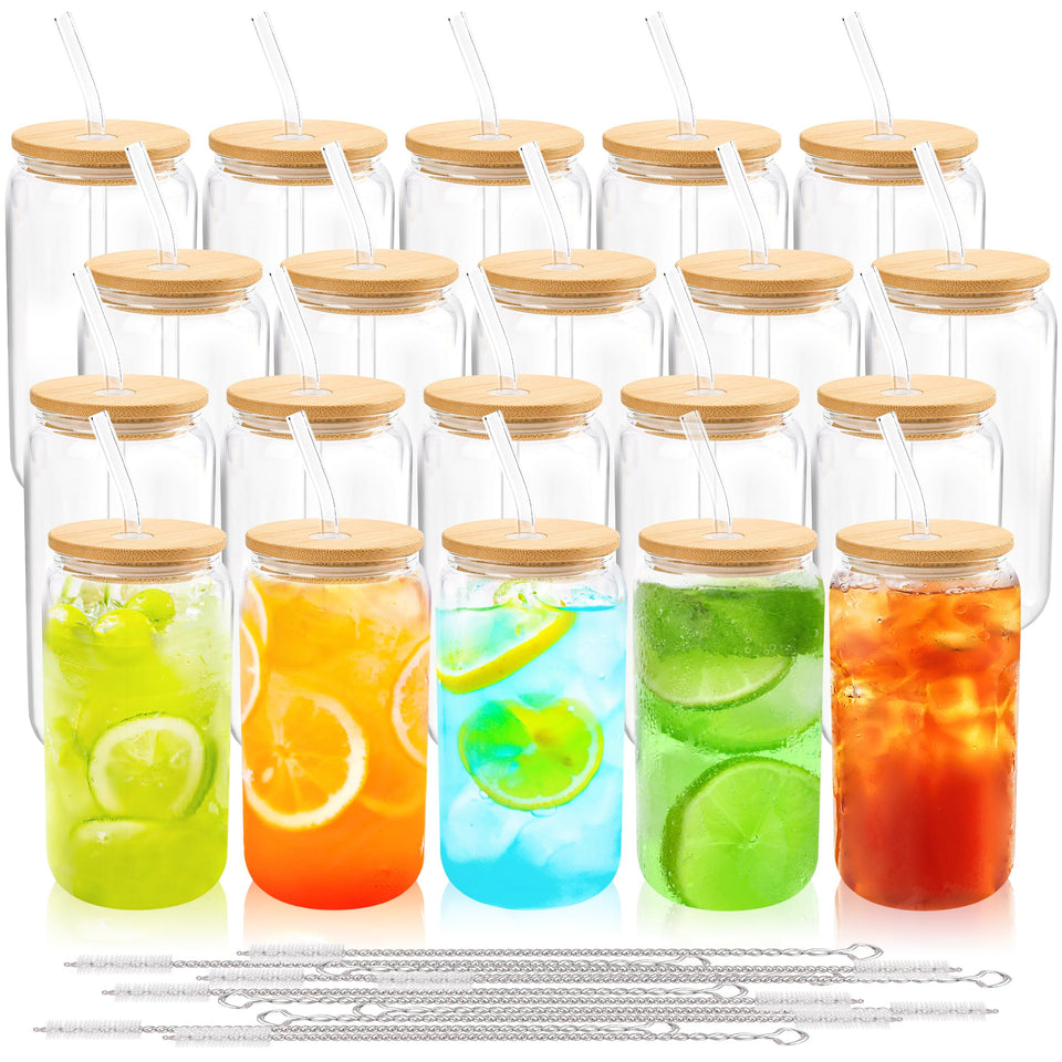 Joyclub 20-set glass cups with bamboo lids for stylish, plastic-free serving.