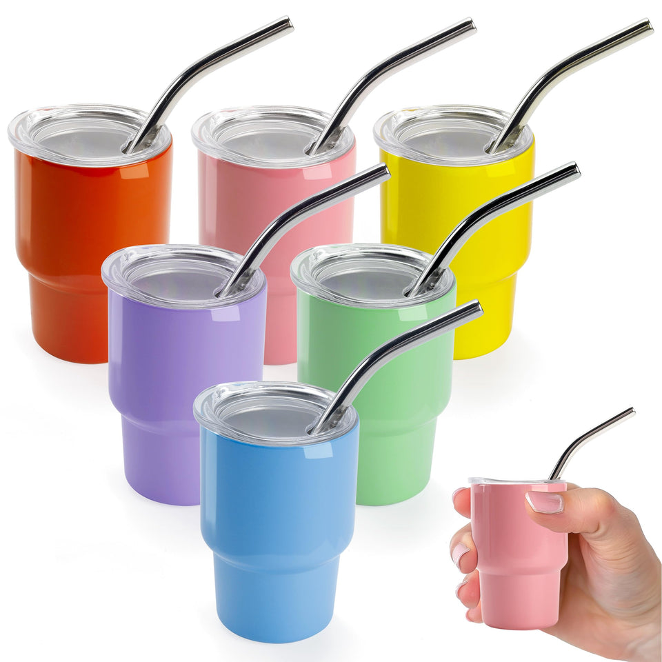 Joyclub 3 oz mini tumbler with lid and straw, portable for parties.