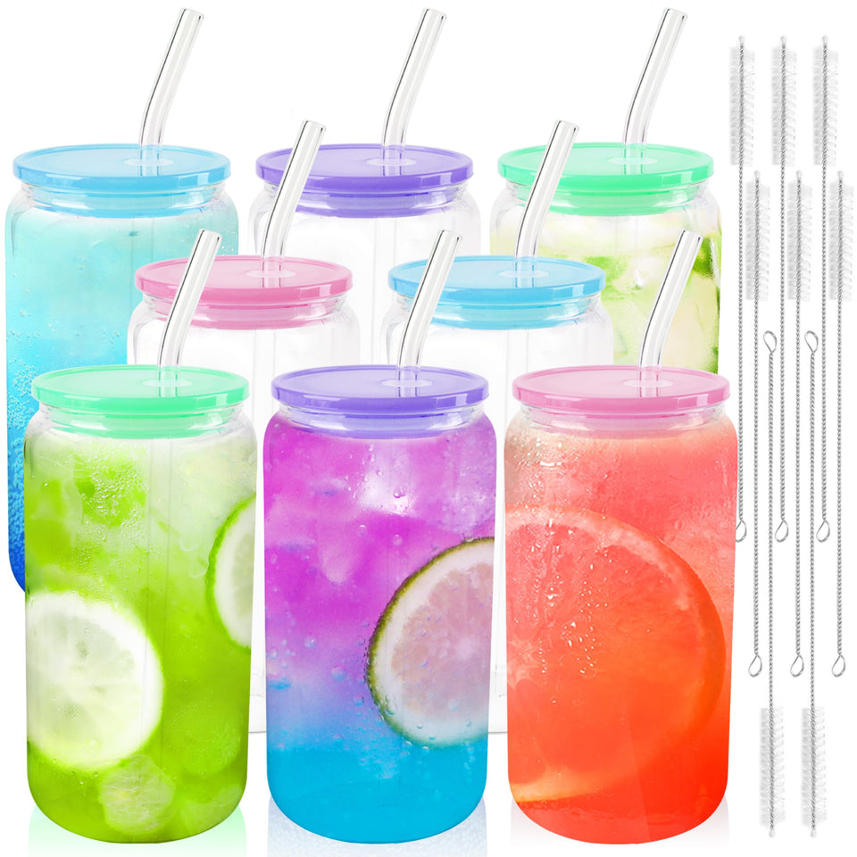 Joyclub 8pc 16oz glass cups in can shape, ideal for iced coffee and smoothies.