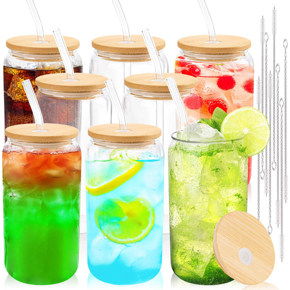 Joyclub glass cups with bamboo lids and straws, 16 oz, ideal for iced coffee