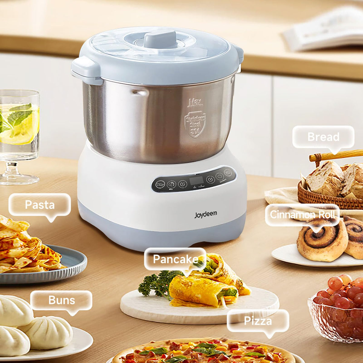 JOYDEEM electric dough maker face-up panel enables quick program selection and clean setup.