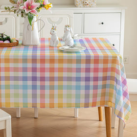 Joyfol Day tablecloth on full table setup, vibrant Easter plaid for a festive dining experience