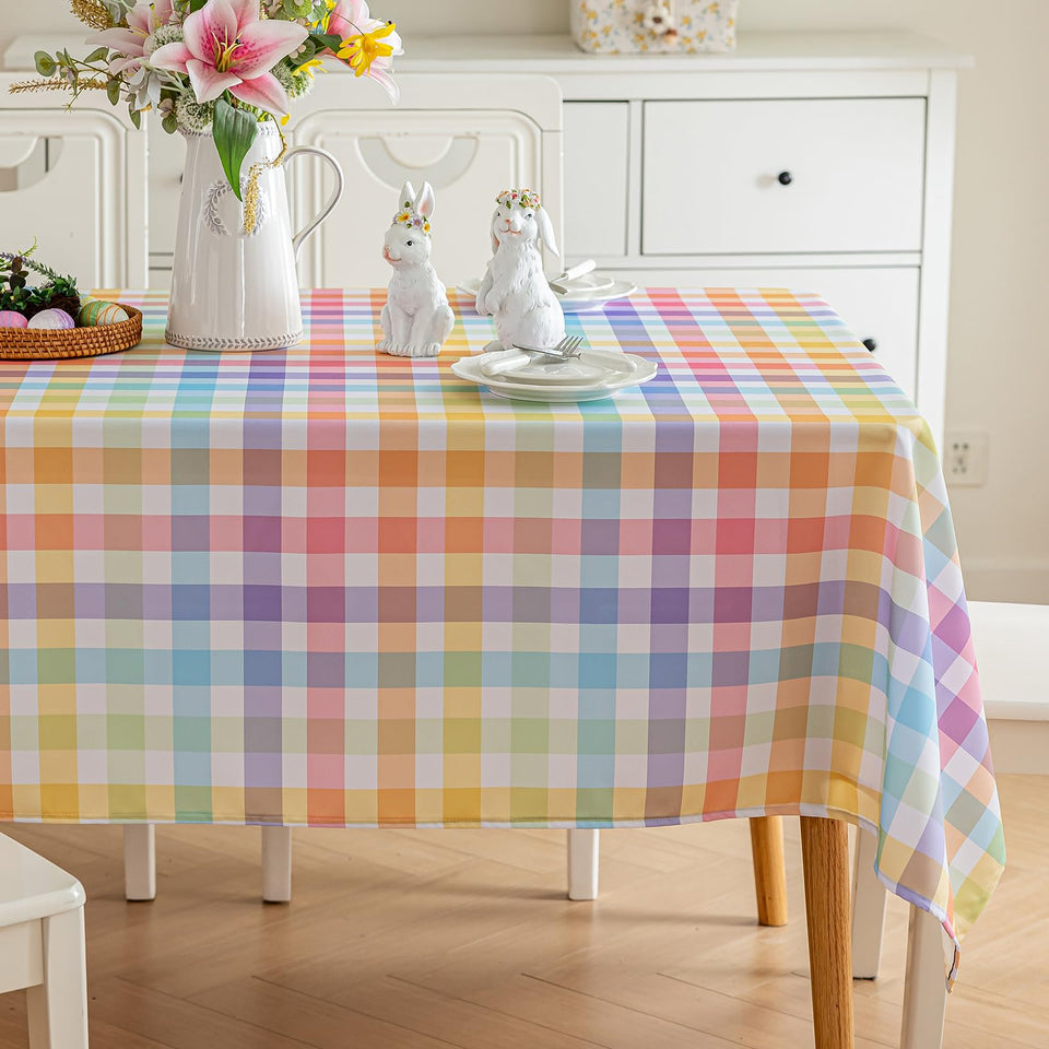 Joyfol Day tablecloth on full table setup, vibrant Easter plaid for a festive dining experience