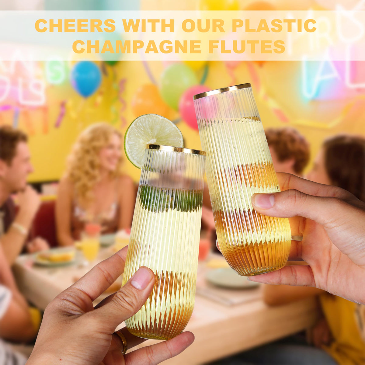 JoyGletss clear PET champagne flutes recyclable and convenient for large events