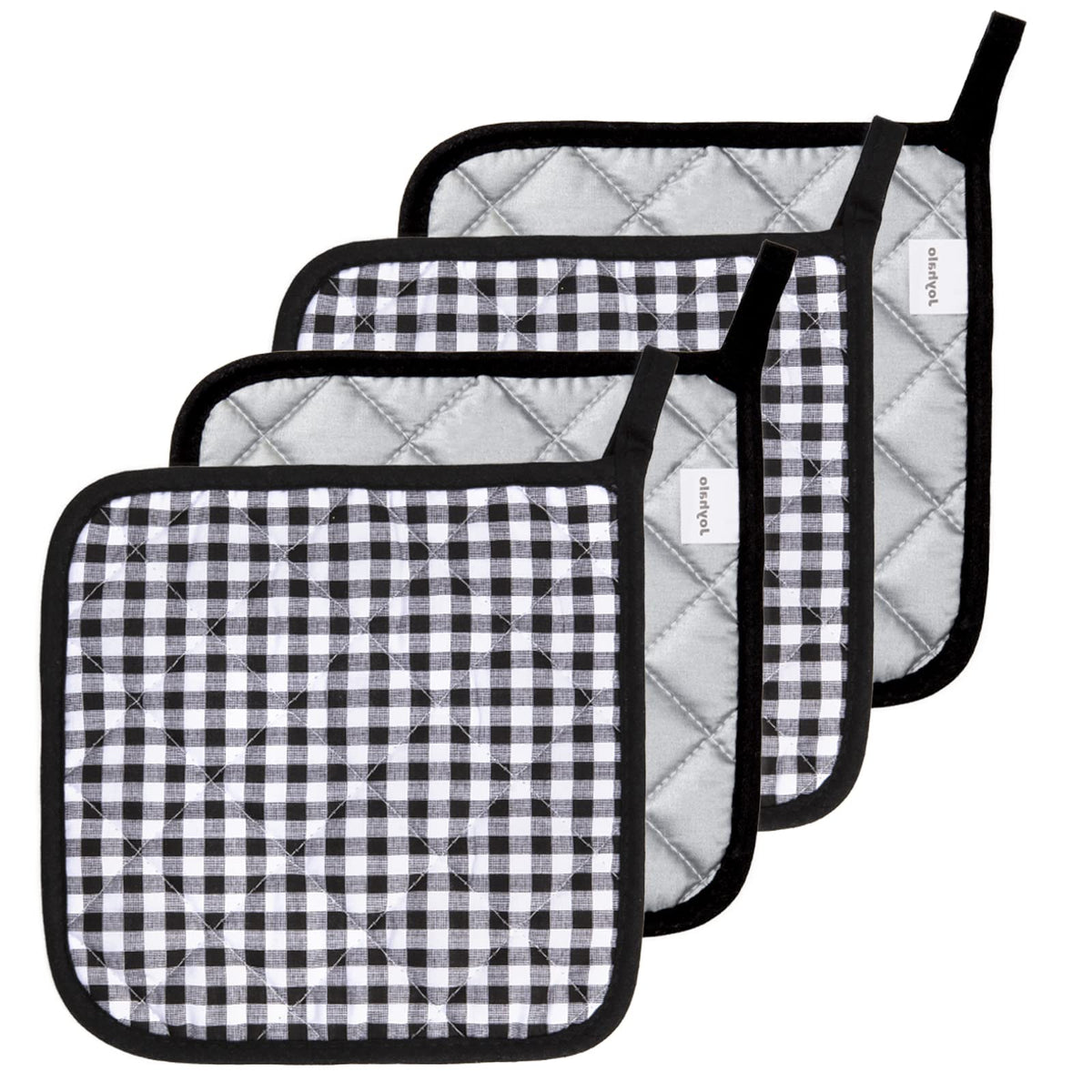 Joyhalo 4-pack pot holders with cotton fabric for safe handling of hot dishes.