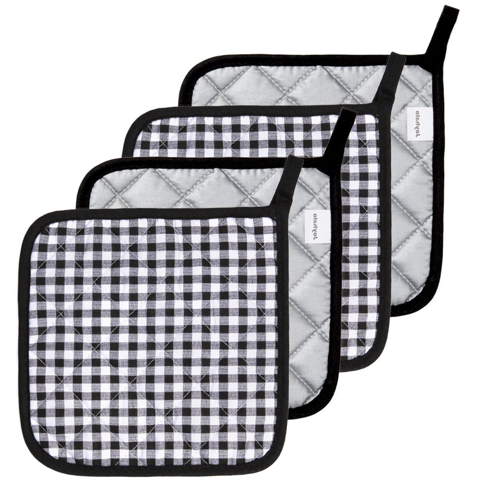 Joyhalo 4-pack pot holders with cotton fabric for safe handling of hot dishes.