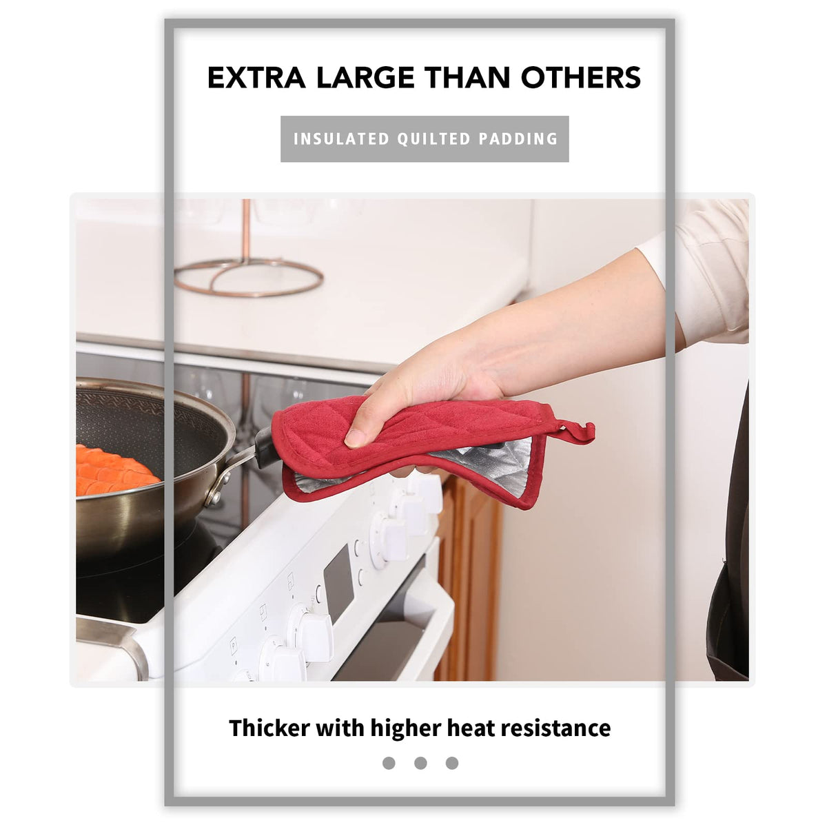 JoyHalo dark-red pot holders add color and reliable heat resistance in kitchen.
