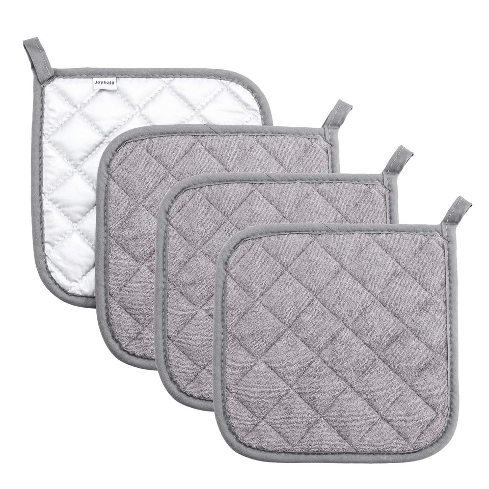 JoyHalo 4-pack pot holders in grey closeup showing thick padding for safe hot dish handling.