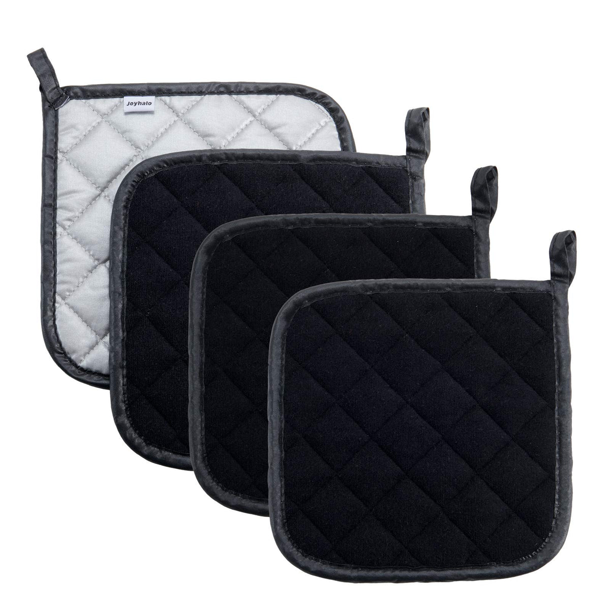 Joyhalo 4-pack pot holders with terry cloth grip provide heat protection for hot dishes.