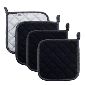 Joyhalo 4-pack pot holders with terry cloth grip provide heat protection for hot dishes.