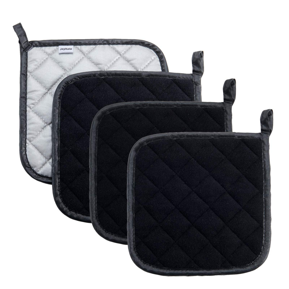 Joyhalo 4-pack pot holders with terry cloth grip provide heat protection for hot dishes.
