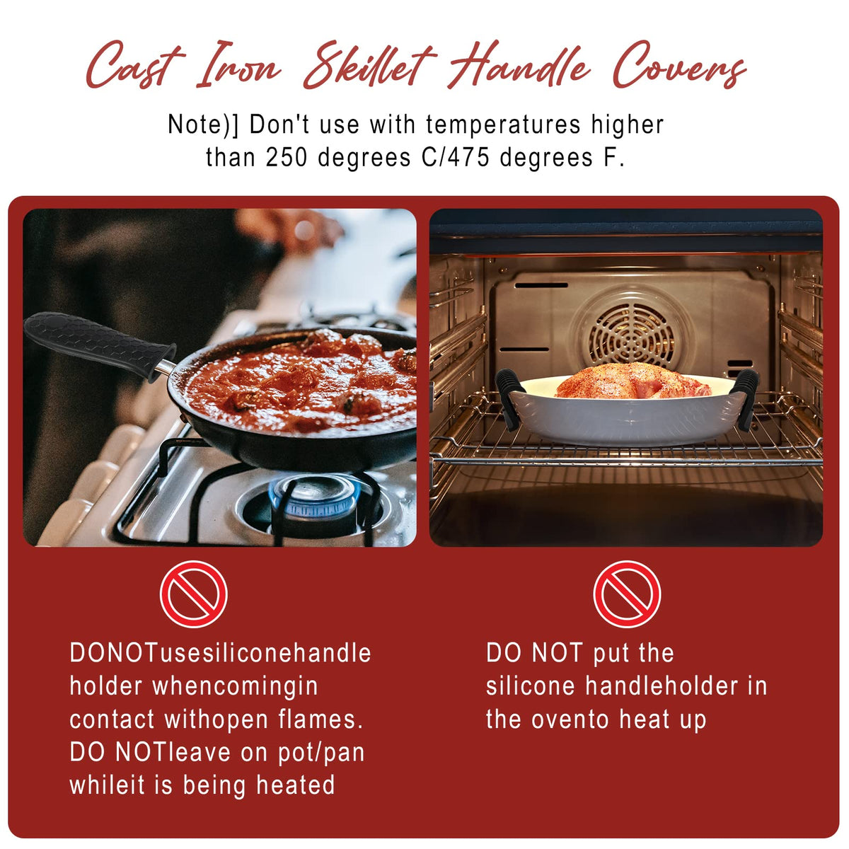 JoyHalo cast-iron skillet handle covers with approximate size for compatibility.