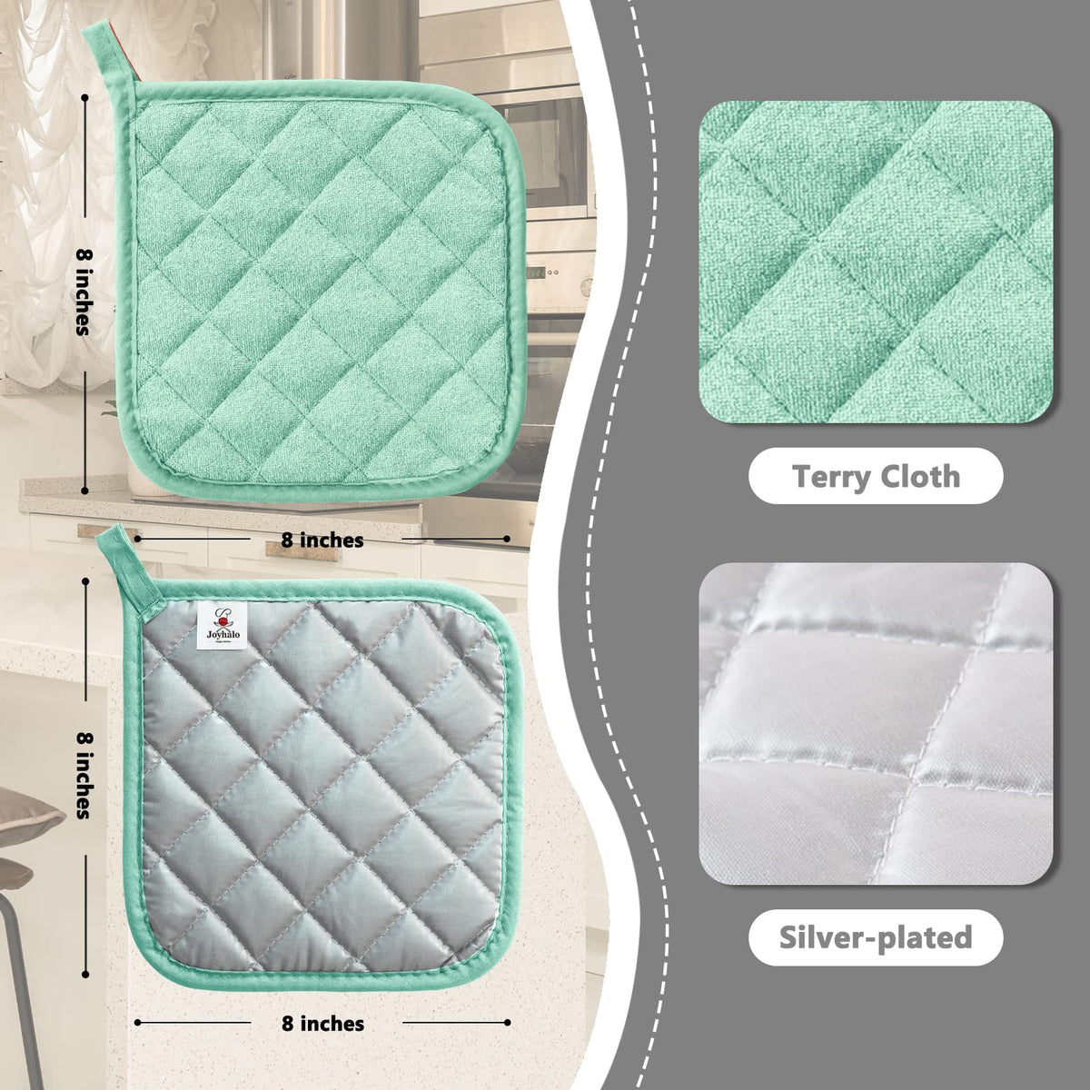 Joyhalo cotton-oven-hot-pads with non-slip grip safely handle hot dishes.