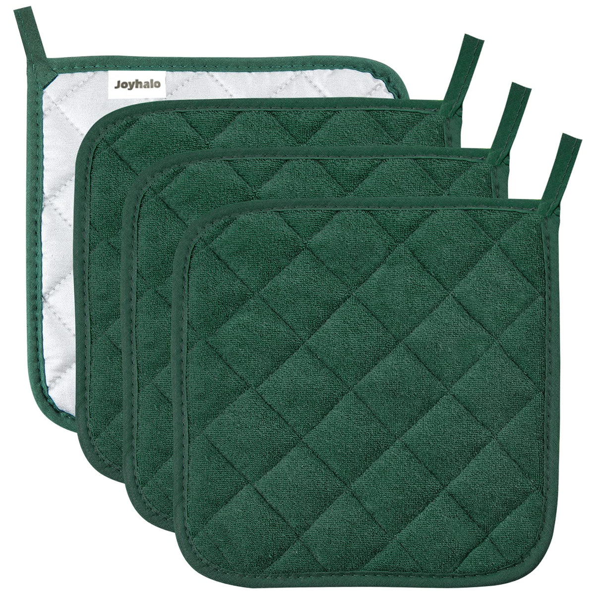 Joyhalo four-pack pot holders in dark green, 8x8 inch size for safe oven handling