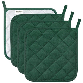 Joyhalo four-pack pot holders in dark green, 8x8 inch size for safe oven handling