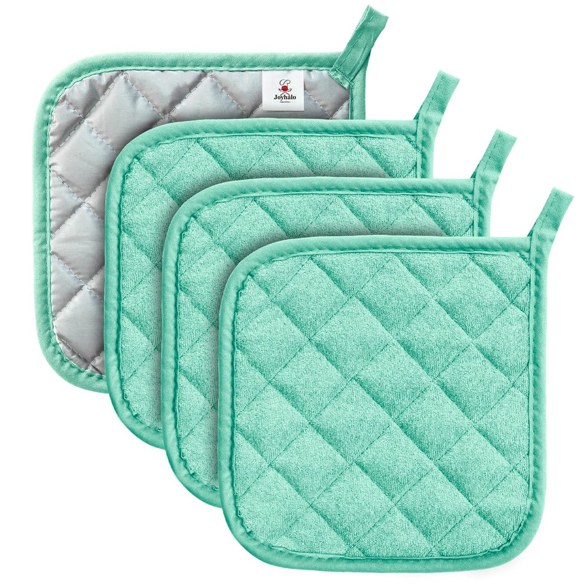 Joyhalo four-pack pot holders in aqua offer reliable heat protection and easy handling.