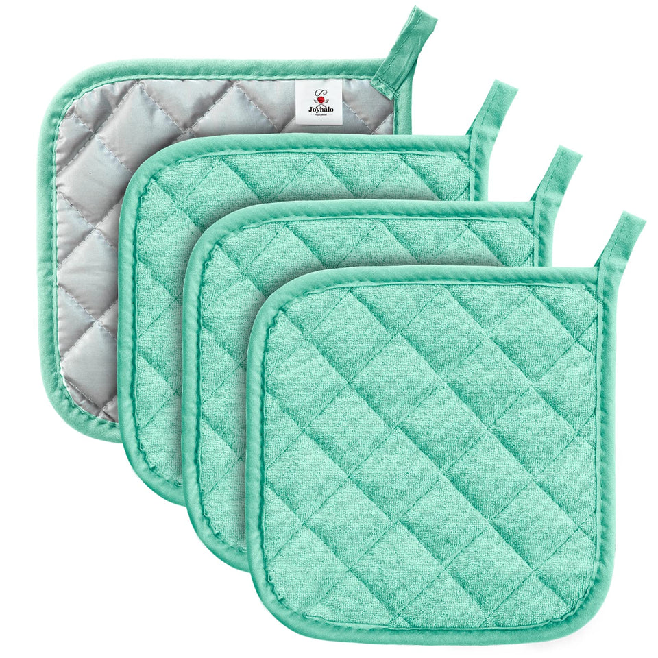 Joyhalo four-pack pot holders in aqua offer reliable heat protection and easy handling.