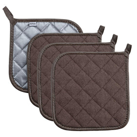 Joyhalo four-pack pot holders stacked in brown for durable heat protection.