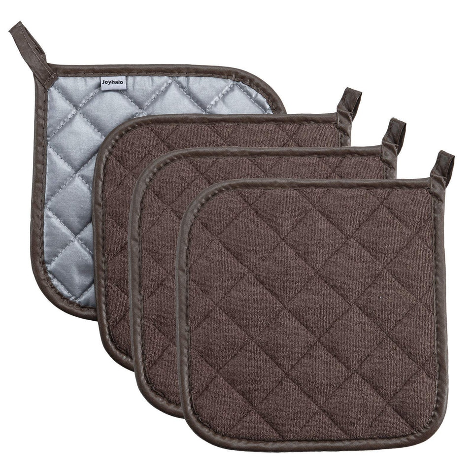 Joyhalo four-pack pot holders stacked in brown for durable heat protection.