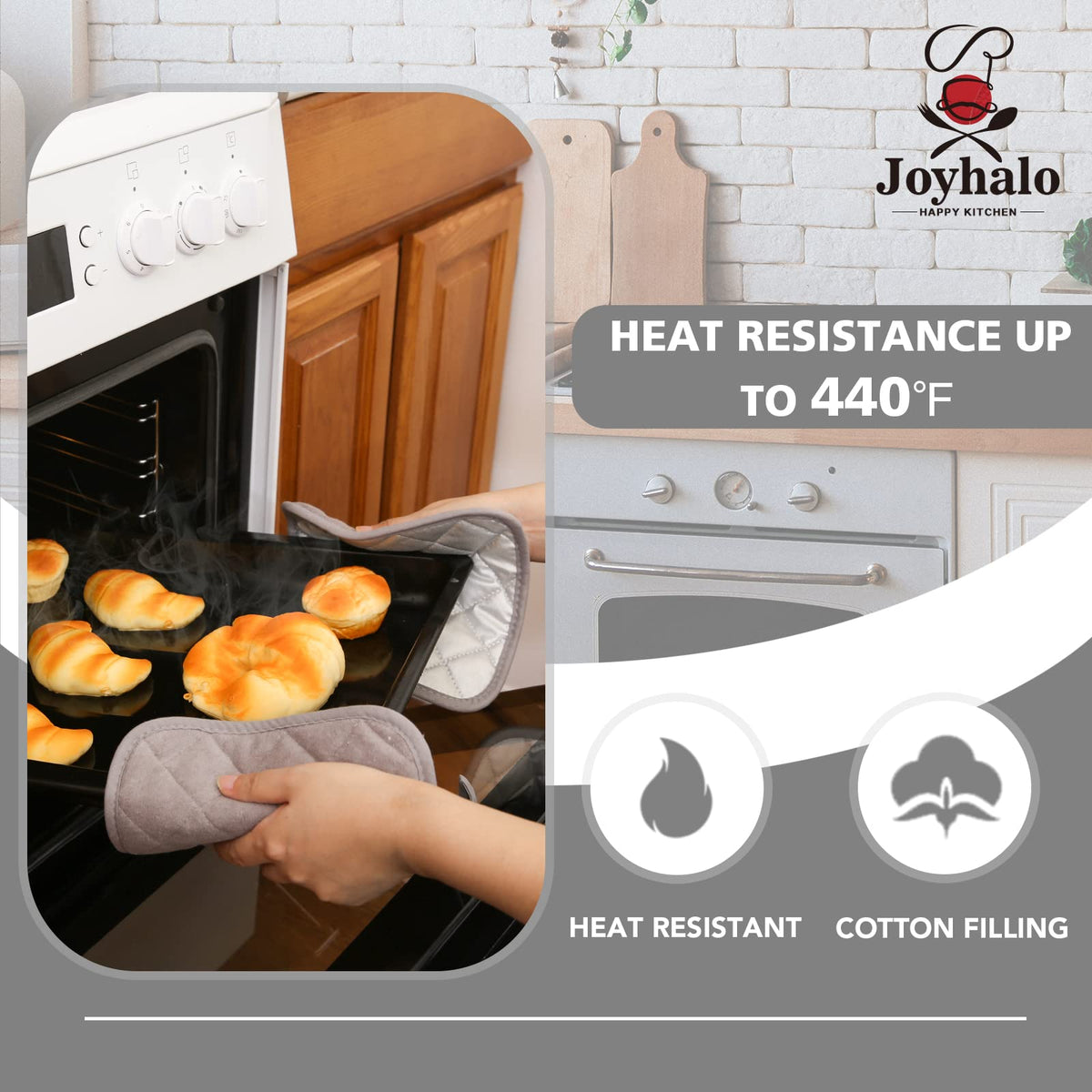JoyHalo grey pot holders heat resistant for oven removal up to 400 degrees.