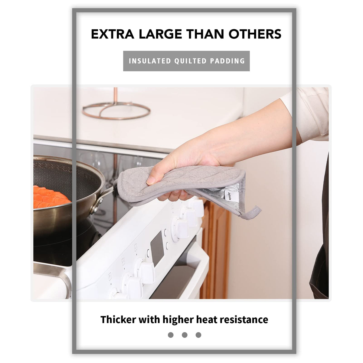 JoyHalo grey pot holders with non-slip grip for secure handling of hot cookware.