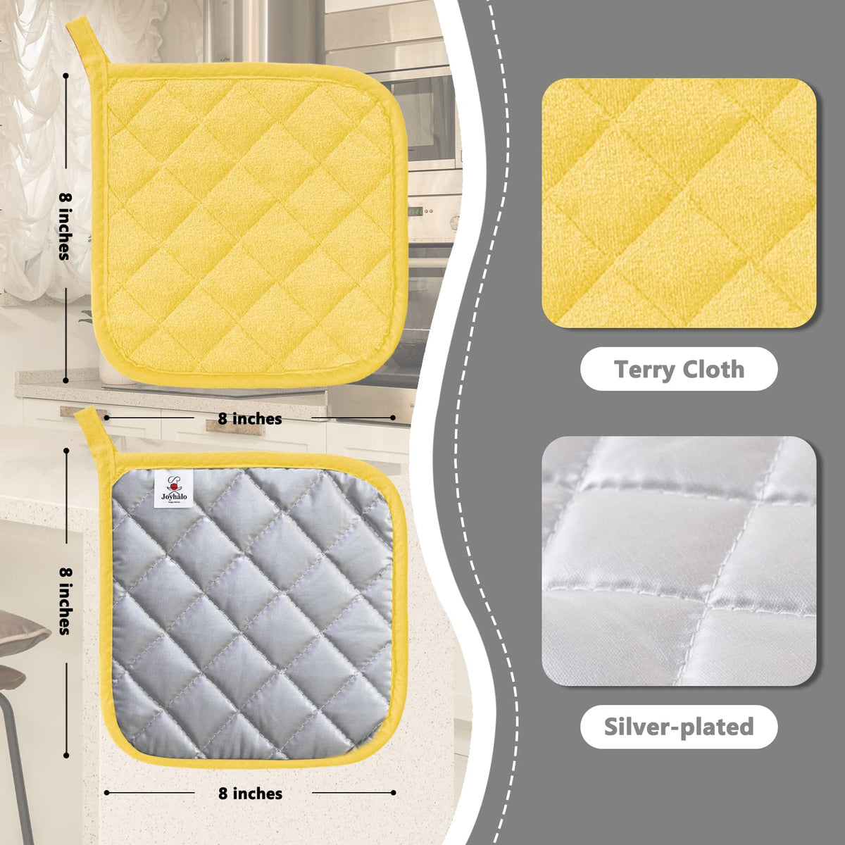 Joyhalo oven hot pads in yellow, heat resistant up to 400°F for safe removal.