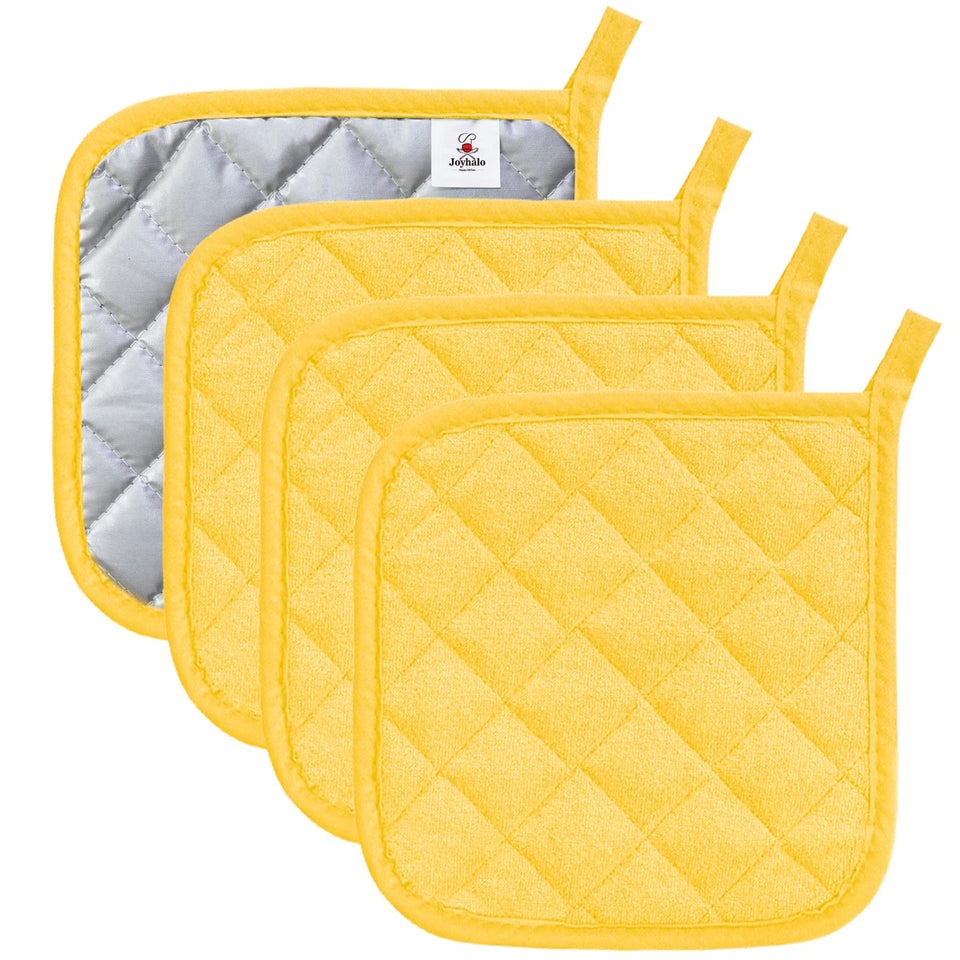 Joyhalo cotton yellow pot holders offering a secure grip for hot dishes.