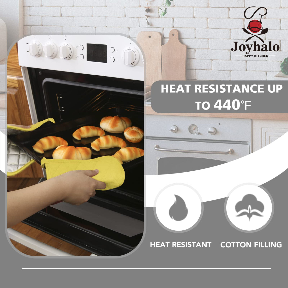 Joyhalo quilted padded hot pads cushion the hand when handling hot dishes.