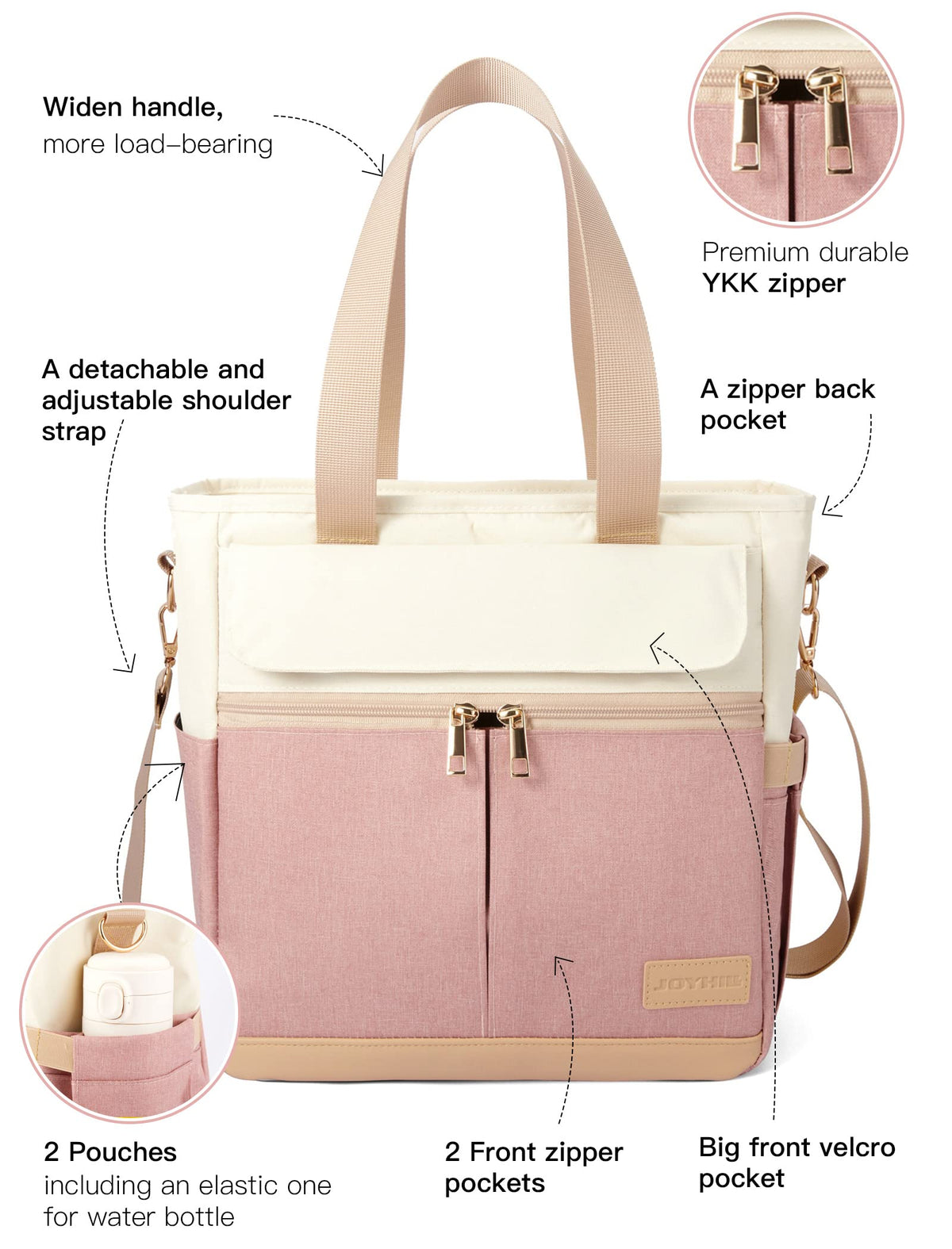 JOYHILL A-PINK lunch bag side view with shoulder strap for easy carrying