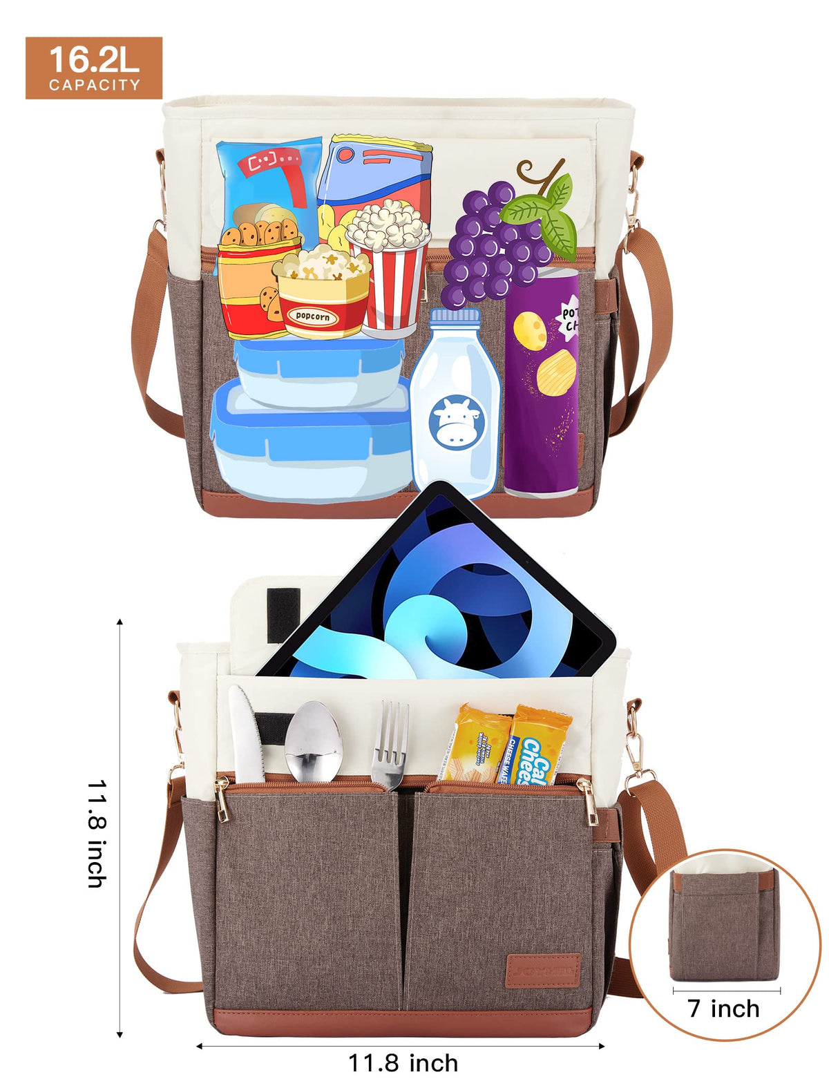 JOYHILL lunch bag large-capacity holds a full day of food and drinks.
