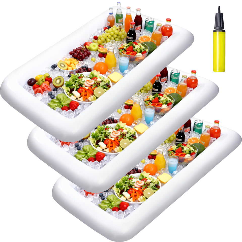 JOYIN 3-pack inflatable serving bars with ice buffet trays for outdoor entertaining.