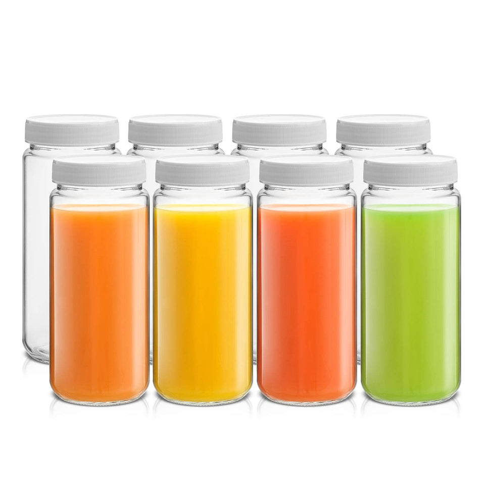 JoyJolt 16 oz glass bottle with cap for easy juice storage on the go.