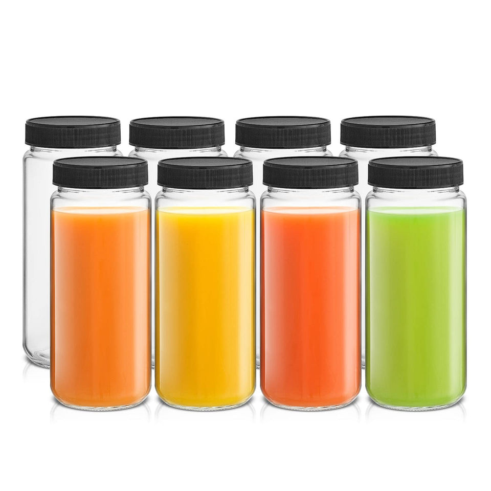 JoyJolt 16 oz glass juice bottle with cap, leakproof and reusable for smoothies.